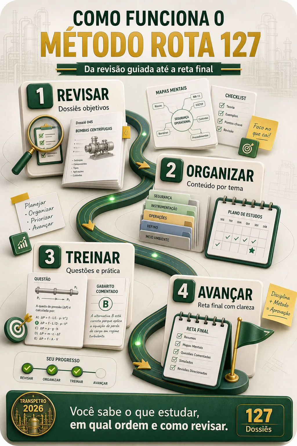 Como funciona o Método ROTA 127™ — Revisar, Organizar, Treinar, Avançar