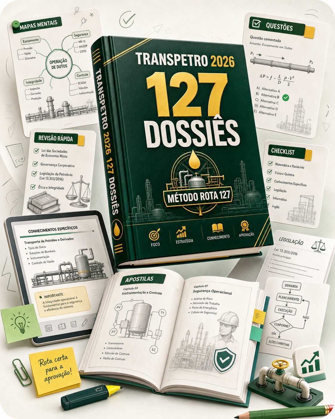 Livro dos 127 Dossiês de Aprovação — Método ROTA 127™ — cercado por flashcards, apostilas, checklist e questões comentadas da Transpetro 2026